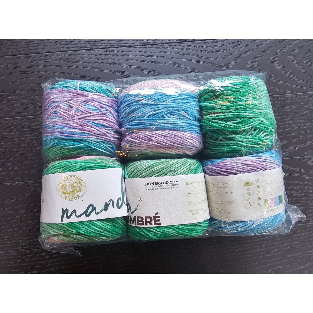 Lion Brand Mandala Ombre Yarn 6 Pack Tranquil Teal Purple Green 100% Acrylic